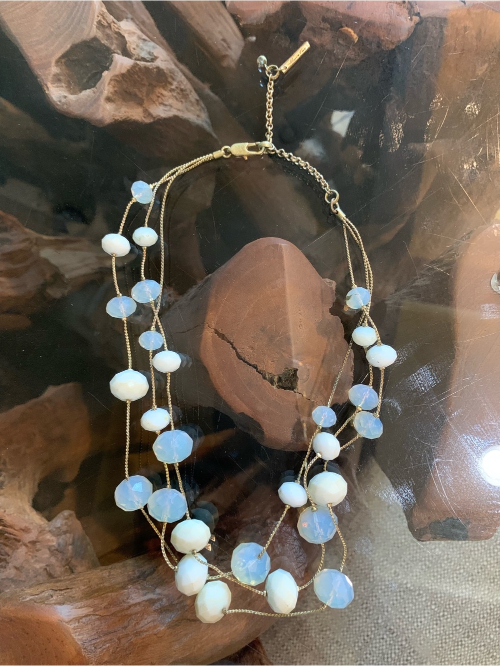 Gold Multi-Strand Necklace with Opalescent White Beads